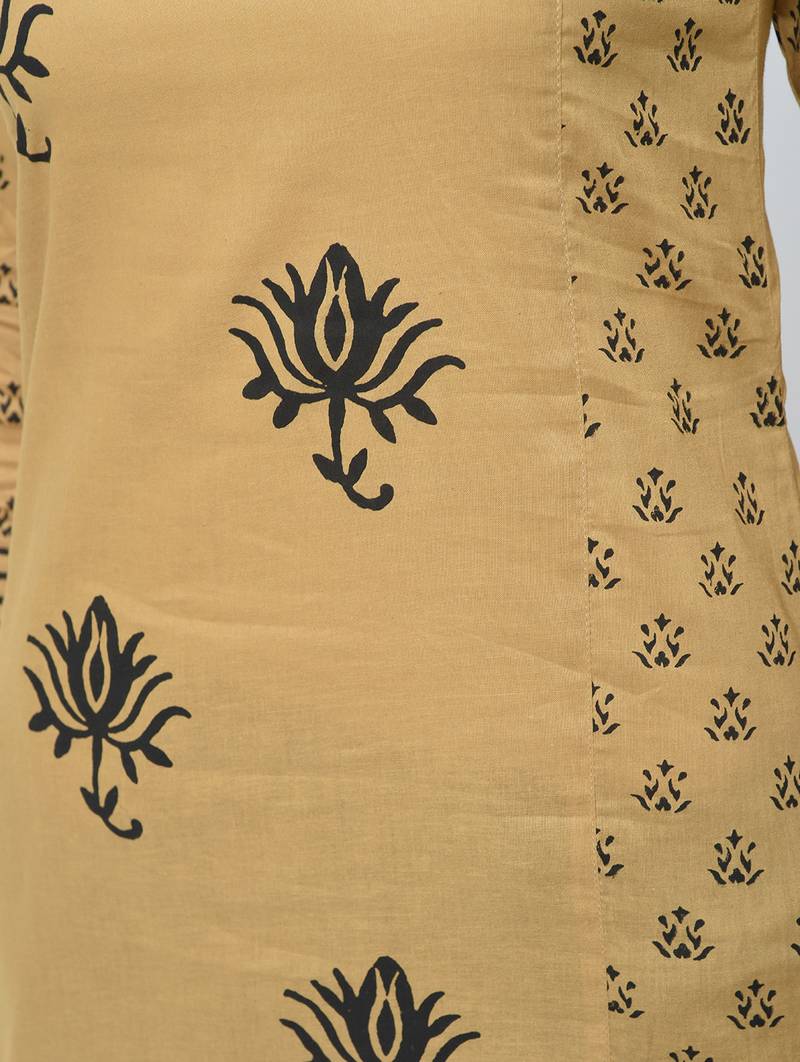 cotton block printed front slit kurta,beige,(s,m,l,xl,2xl,3xl)