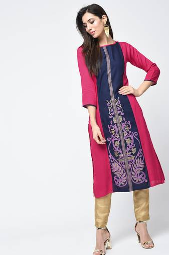 rayon block printed straight kurta magenta