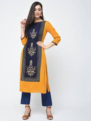 rayon block printed straight kurta,mustard,(s,m,l,xl,2xl,3xl) 1