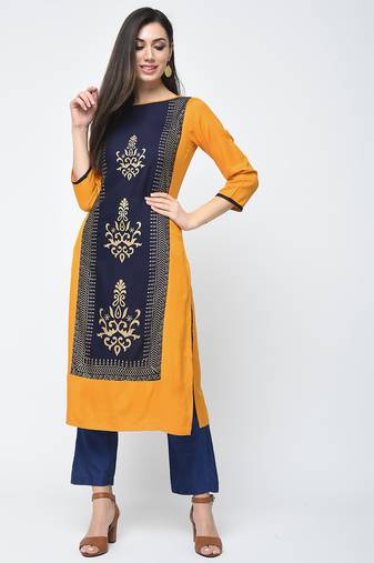 rayon block printed straight kurta mustard
