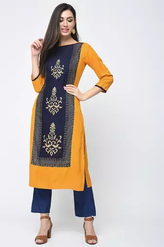 rayon block printed straight kurta,mustard,(s,m,l,xl,2xl,3xl)