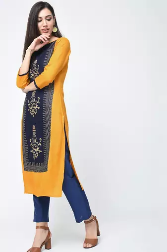 rayon block printed straight kurta,mustard,(s,m,l,xl,2xl,3xl)