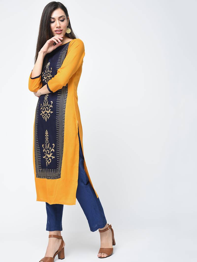 rayon block printed straight kurta,mustard,(s,m,l,xl,2xl,3xl)