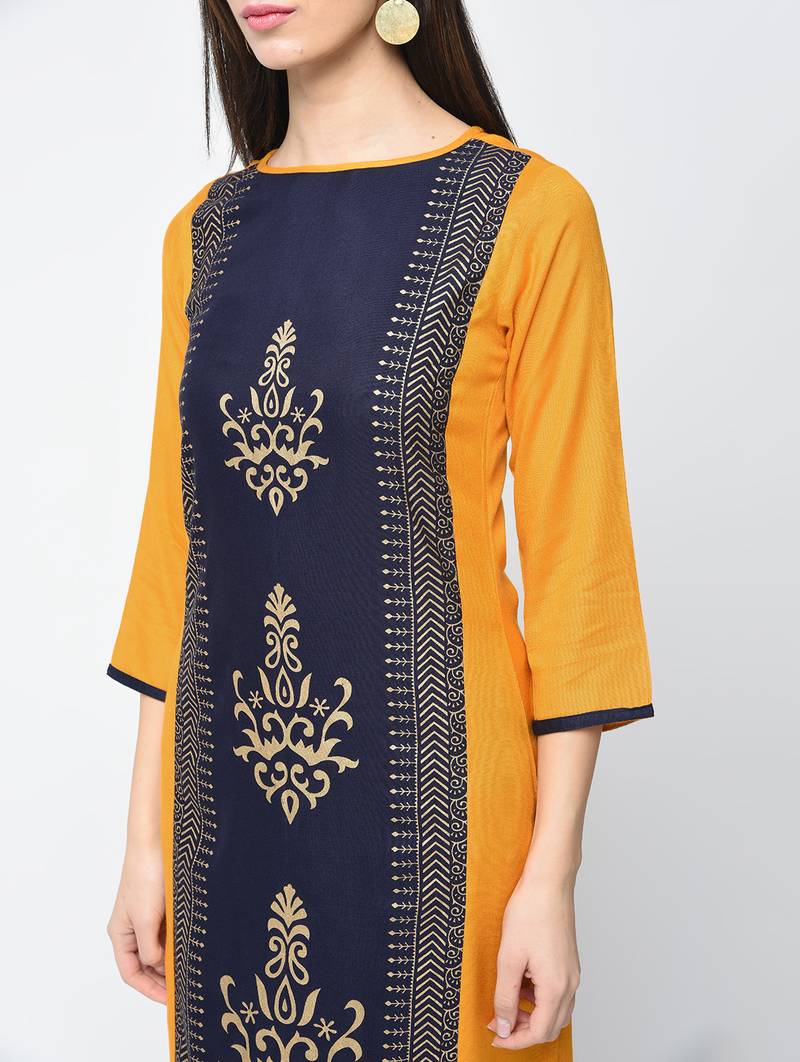 rayon block printed straight kurta,mustard,(s,m,l,xl,2xl,3xl)