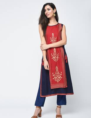 rayon block printed layered kurta,red,(s,m,l,xl,2xl,3xl) 1