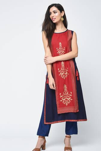 rayon block printed layered kurta red