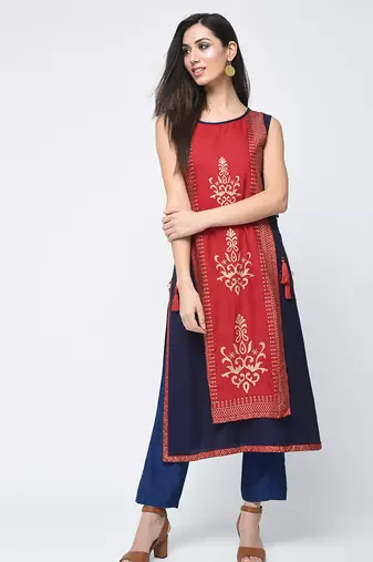 rayon block printed layered kurta,red,(s,m,l,xl,2xl,3xl)