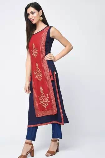 rayon block printed layered kurta,red,(s,m,l,xl,2xl,3xl)