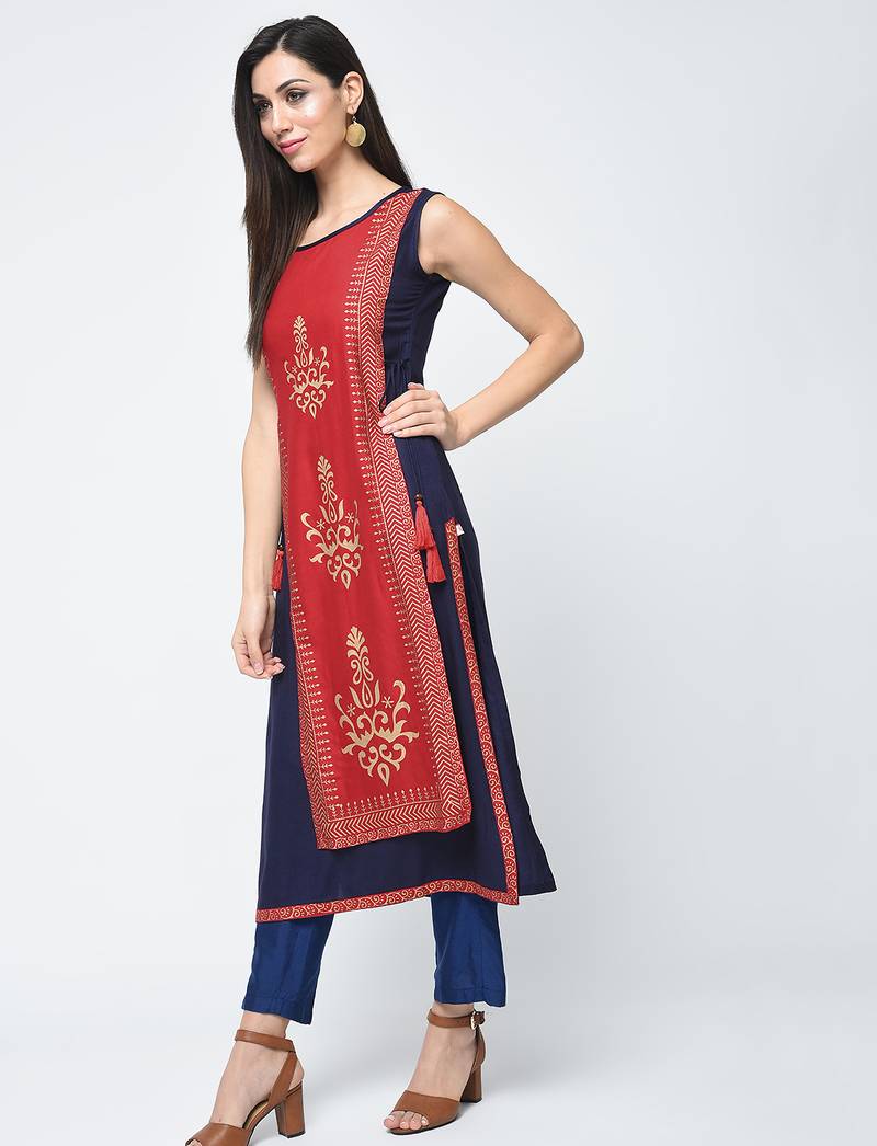rayon block printed layered kurta,red,(s,m,l,xl,2xl,3xl)