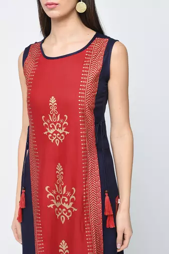 rayon block printed layered kurta,red,(s,m,l,xl,2xl,3xl)