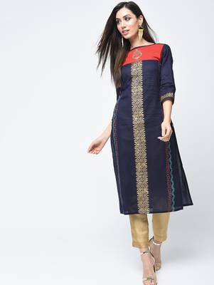 cotton block printed straight kurta,blue,(s,m,l,xl,2xl,3xl) 1