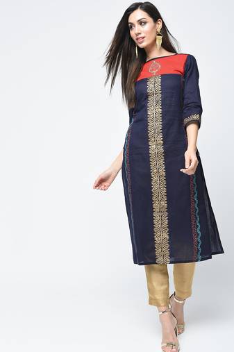 cotton block printed straight kurta blue