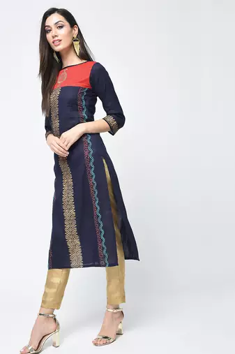 cotton block printed straight kurta,blue,(s,m,l,xl,2xl,3xl)