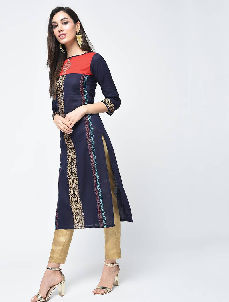 cotton block printed straight kurta,blue,(s,m,l,xl,2xl,3xl)