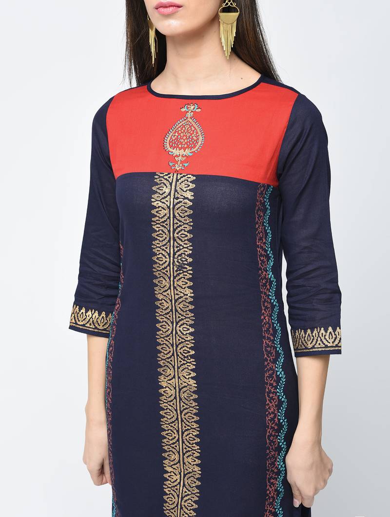 cotton block printed straight kurta,blue,(s,m,l,xl,2xl,3xl)