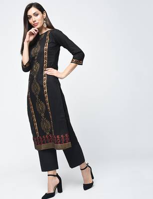 cotton block printed straight kurta,black,(s,m,l,xl,2xl,3xl) 1