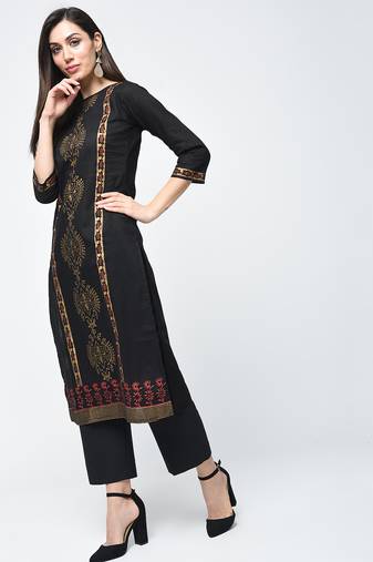 cotton block printed straight kurta black