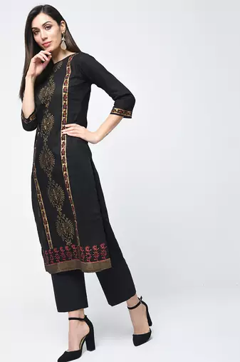 cotton block printed straight kurta,black,(s,m,l,xl,2xl,3xl)