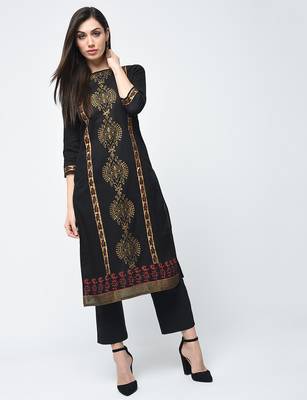 cotton block printed straight kurta,black,(s,m,l,xl,2xl,3xl) 2
