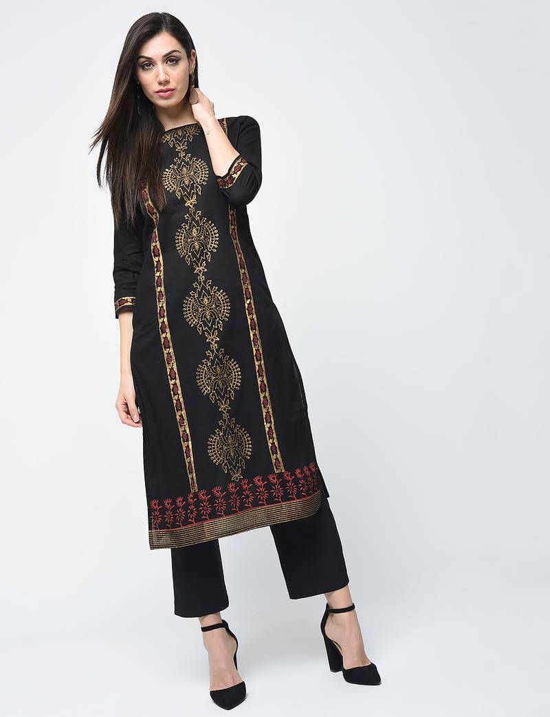 cotton block printed straight kurta,black,(s,m,l,xl,2xl,3xl)