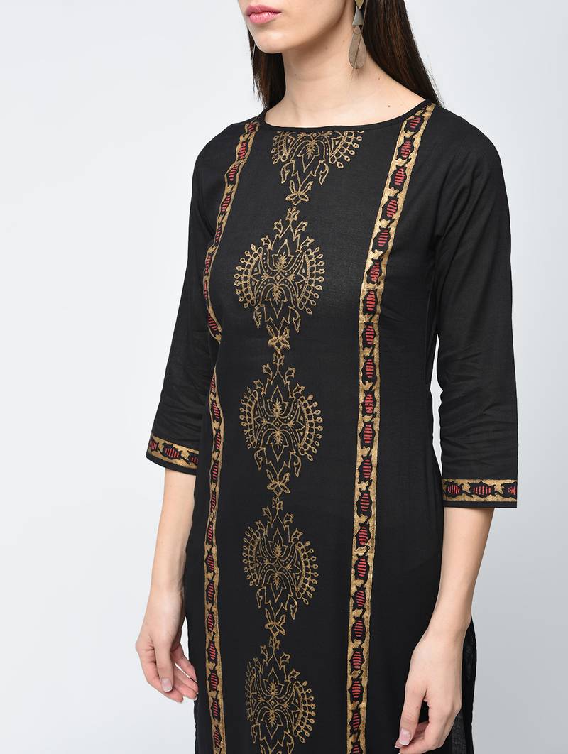 cotton block printed straight kurta,black,(s,m,l,xl,2xl,3xl)