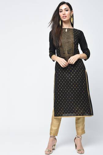 cotton block printed straight kurta black
