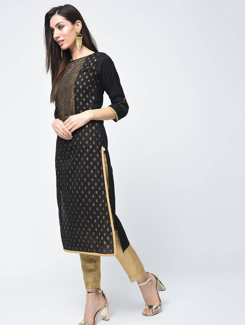 cotton block printed straight kurta,black,(s,m,l,xl,2xl,3xl)