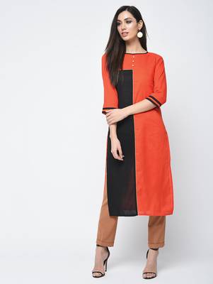 cotton color block straight kurta,orange,(s,m,l,xl,2xl,3xl) 1