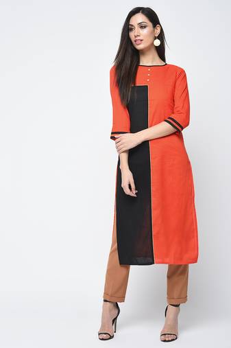 cotton color block straight kurta orange