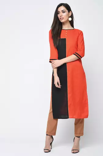 cotton color block straight kurta,orange,(s,m,l,xl,2xl,3xl)