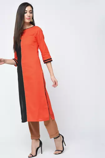 cotton color block straight kurta,orange,(s,m,l,xl,2xl,3xl)