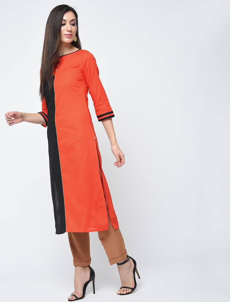 cotton color block straight kurta,orange,(s,m,l,xl,2xl,3xl)