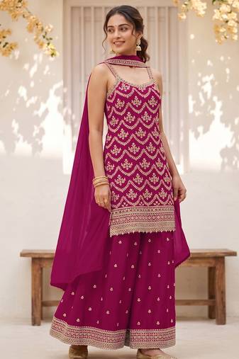 Cherry colour embroideried work chinon semi stitched palazzo salwar suit