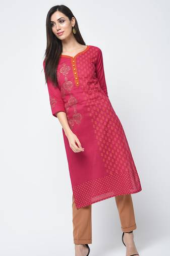 cotton block printed straight kurta magenta