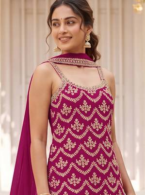 Cherry colour embroideried work chinon semi stitched palazzo salwar suit 2