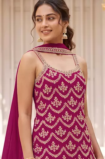 Cherry colour embroideried work chinon semi stitched palazzo salwar suit