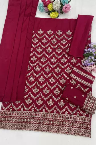 Cherry colour embroideried work chinon semi stitched palazzo salwar suit
