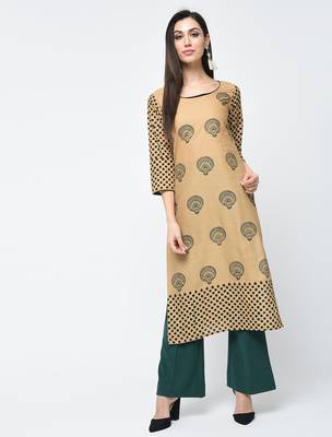 cotton block printed straight kurta,beige,(s,m,l,xl,2xl,3xl) 1