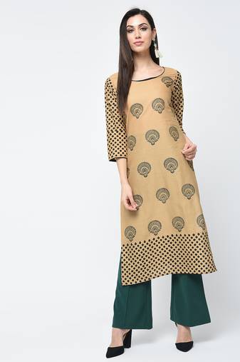cotton block printed straight kurta beige