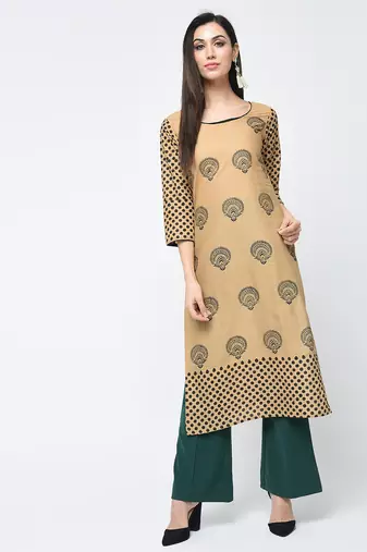 cotton block printed straight kurta,beige,(s,m,l,xl,2xl,3xl)