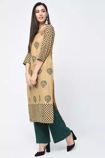 cotton block printed straight kurta,beige,(s,m,l,xl,2xl,3xl)