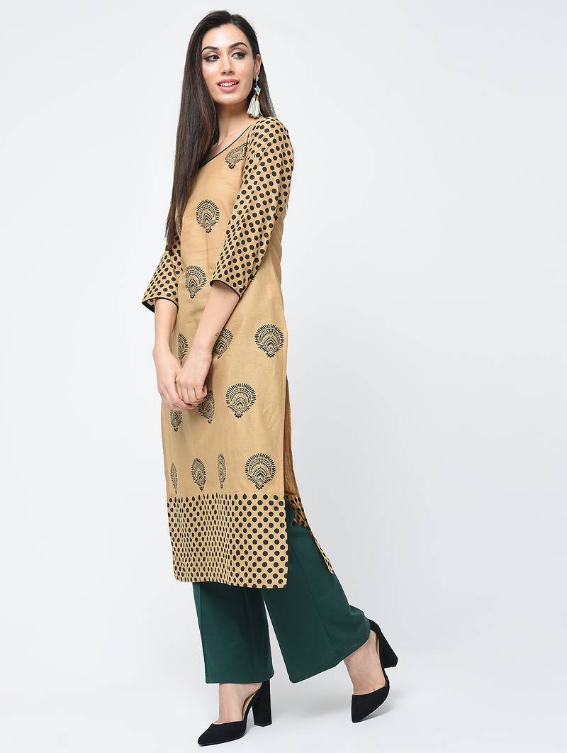cotton block printed straight kurta,beige,(s,m,l,xl,2xl,3xl)