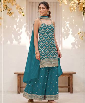 Sea green colour embroideried work chinon semi stitched palazzo salwar suit 1