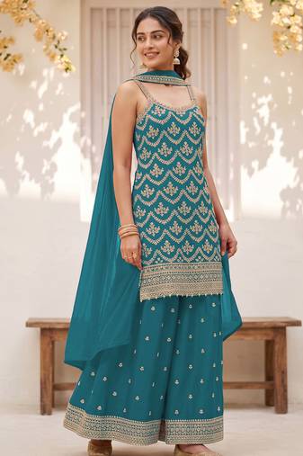 Sea green colour embroideried work chinon semi stitched palazzo salwar suit