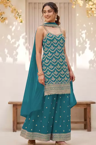 Sea green colour embroideried work chinon semi stitched palazzo salwar suit