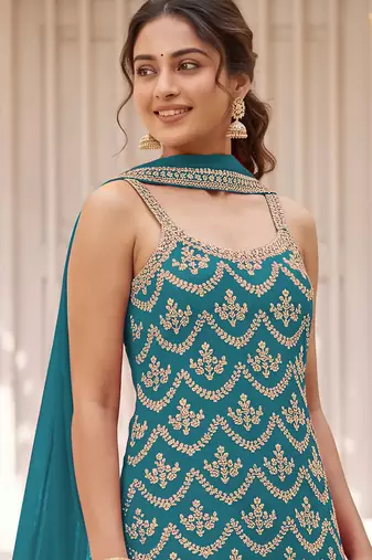 Sea green colour embroideried work chinon semi stitched palazzo salwar suit