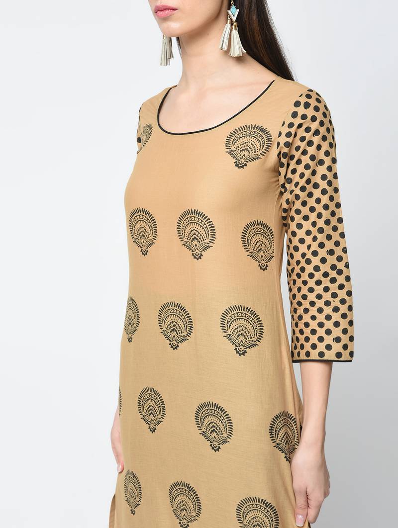 cotton block printed straight kurta,beige,(s,m,l,xl,2xl,3xl)