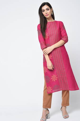 cotton block printed straight kurta magenta