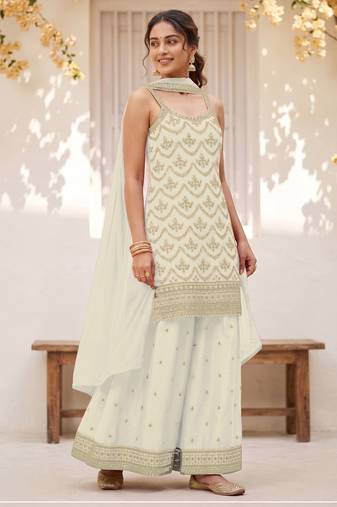 Off white colour embroideried work chinon semi stitched palazzo salwar suit