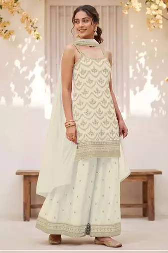 Off white colour embroideried work chinon semi stitched palazzo salwar suit